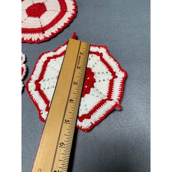 Handcrafted Vintage Crochet Potholders Set of 3 Red & White Cotton Kitchen Decor - Picture 5 of 7